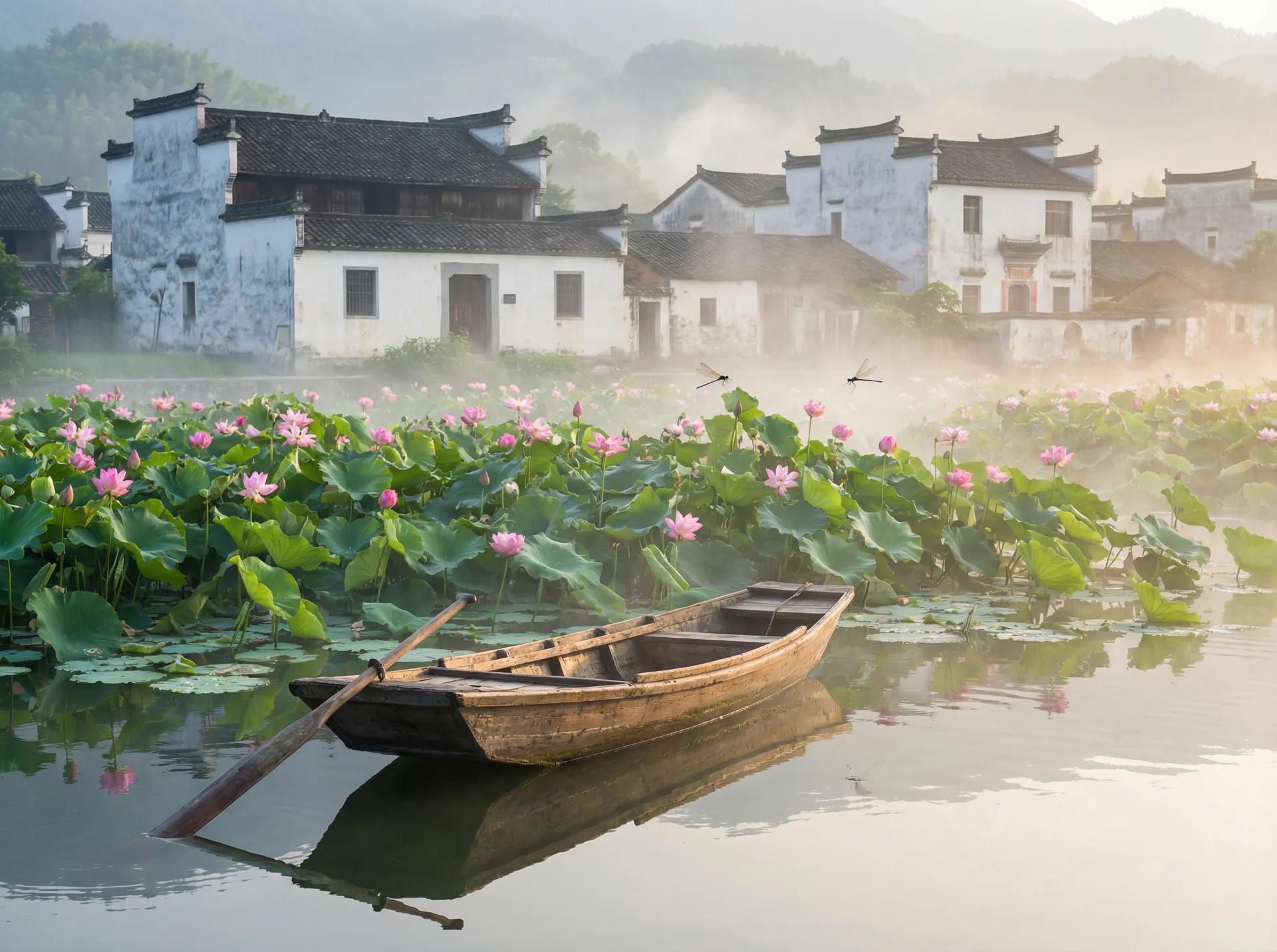 清晨荷塘小舟，粉色荷花盛开，白墙黑瓦的村庄 - 新三国完整版免费观看 水乡风情